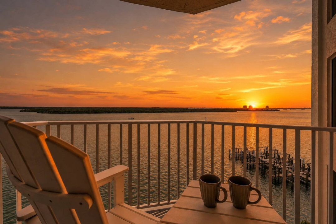 A couple of lounge chairs on the balcony of their Airbnb managed by iTrip at Lovers Key Resort